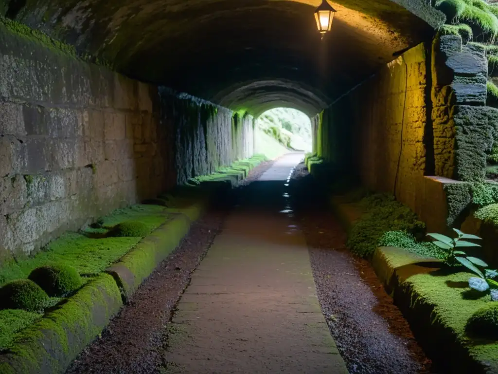 Misterioso túnel subterráneo con historia y secretos Redes subterráneas de espionaje y misterio en un túnel oscuro cubierto de musgo y telarañas, iluminado por una tenue luz de linterna al final