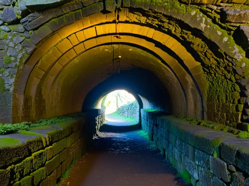 Refuerzo estructural túneles antiguos: Misterioso túnel antiguo iluminado por tenues rayos de luz, revelando su historia en las piedras y musgo