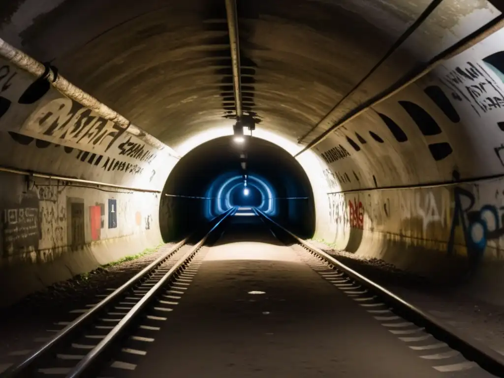 Refugios subterráneos Línea Maginot: Intrincada red de pasajes, techos abovedados y restos de la guerra en túnel subterráneo iluminado tenue