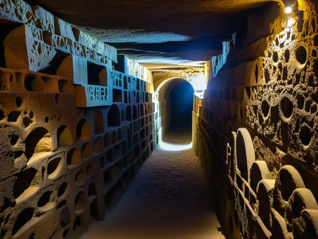 Explora las reliquias subterráneas de las catacumbas de San Calixto, con sus intrincadas paredes de piedra, luces y sombras misteriosas