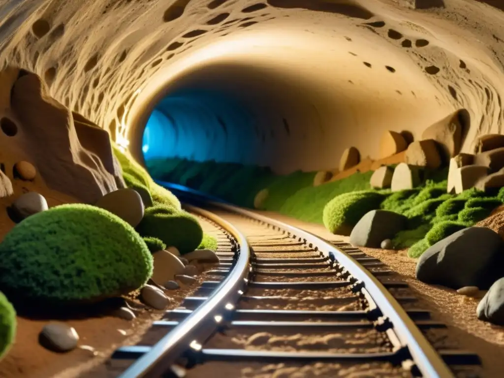 Una réplica detallada de un túnel subterráneo histórico con minuciosas vías y formaciones rocosas, creando un ambiente misterioso y cautivador