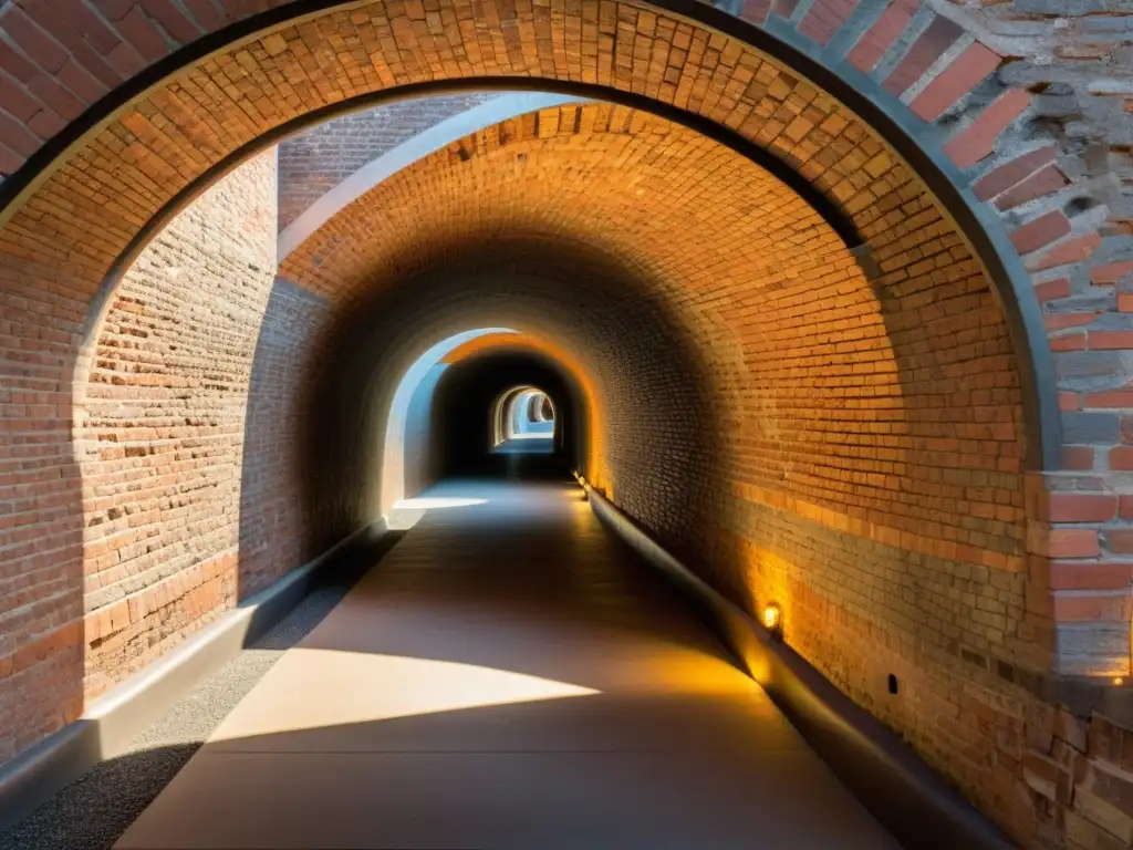 Una réplica de túnel histórico meticulosamente iluminada, que fusiona ingeniería y arte moderno, con detalles intrincados y juego de luces y sombras