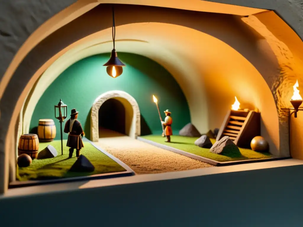 Réplicas detalladas túneles antiguos colección: Increíble replica miniatura de un antiguo túnel subterráneo, con arcos de piedra, antorchas y escenas históricas en miniatura, rodeada de herramientas y materiales de trabajo artesanal