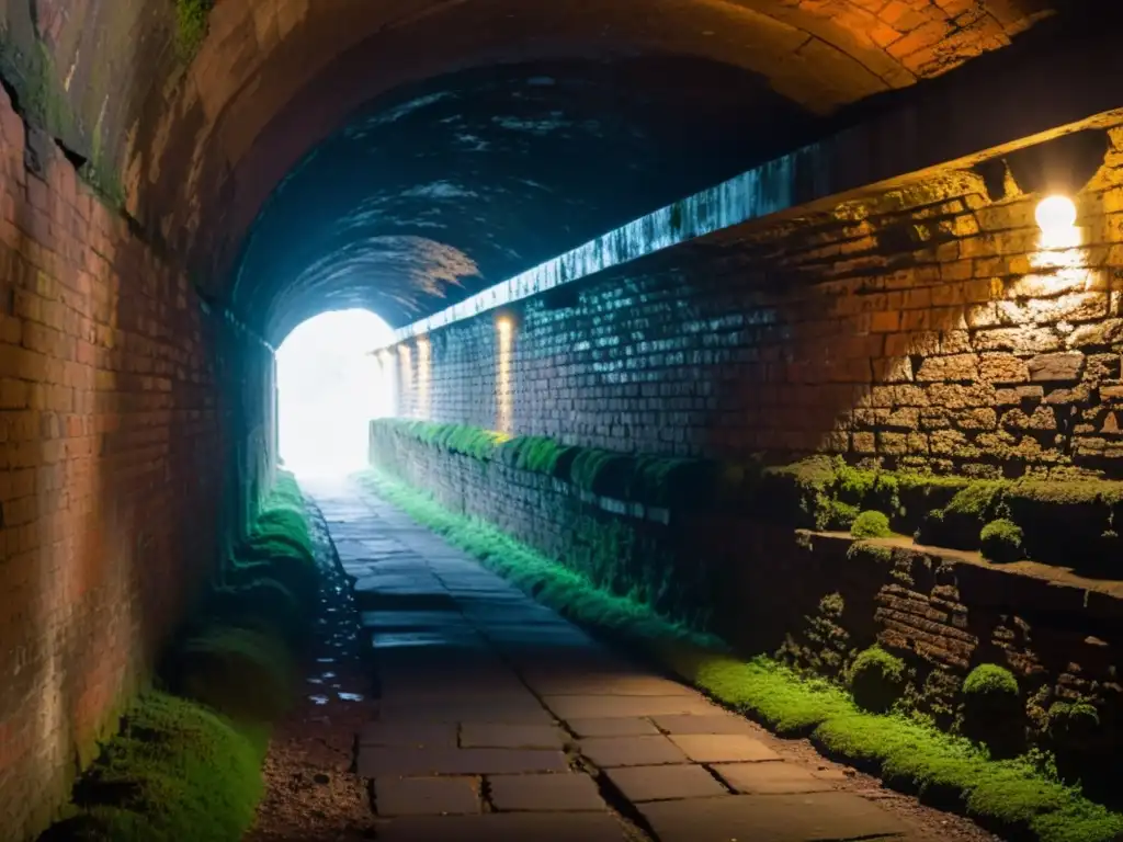 Explora réplicas de túneles históricos arte: un túnel subterráneo con luces tenues, paredes antiguas y misterio evocador