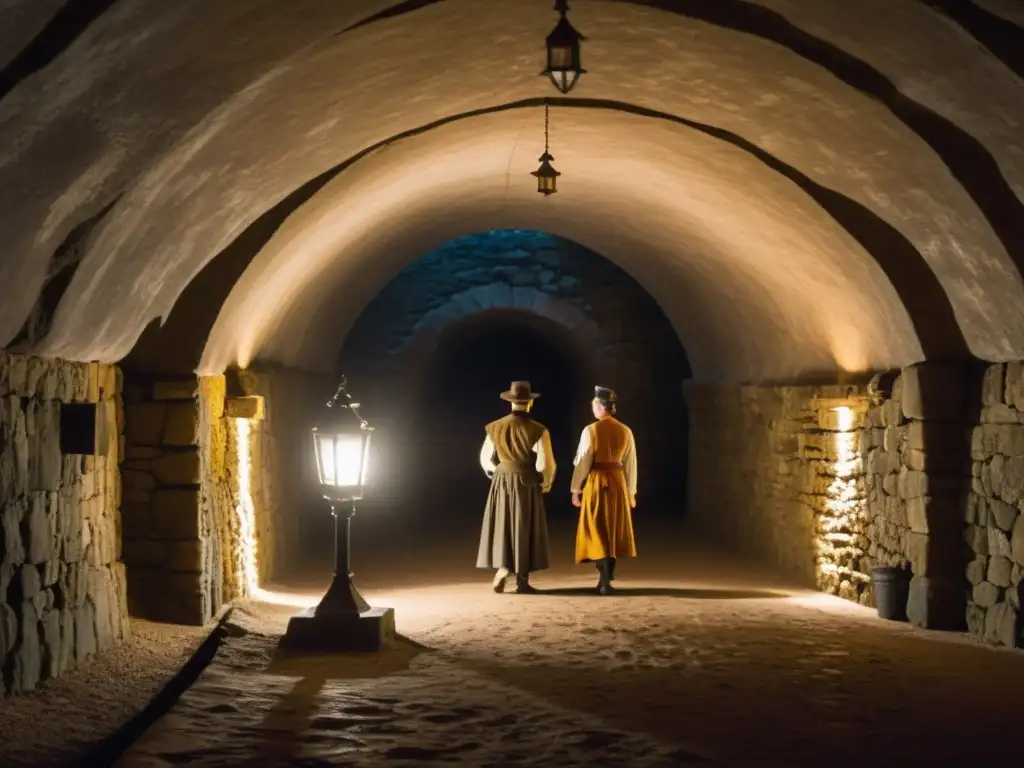 Representaciones escénicas en túneles históricos: grupo de actores ensayando escena de obra en túnel subterráneo iluminado por antorchas