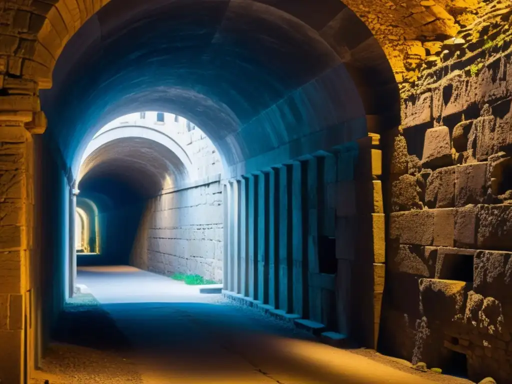 Invertir en restauración de túneles históricos: Un túnel antiguo y misterioso, con arcos de piedra y sombras, evocando historia y potencial oculto