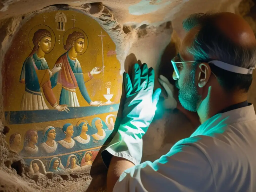 Un restaurador experto limpia con cuidado antiguos frescos en una catacumba, revelando colores vibrantes y detalles intrincados