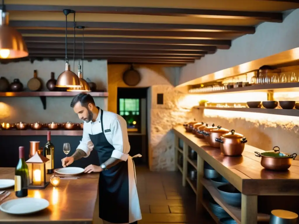 Un restaurante subterráneo iluminado por luces tenues, con techos abovedados de piedra y mesas de madera rústica