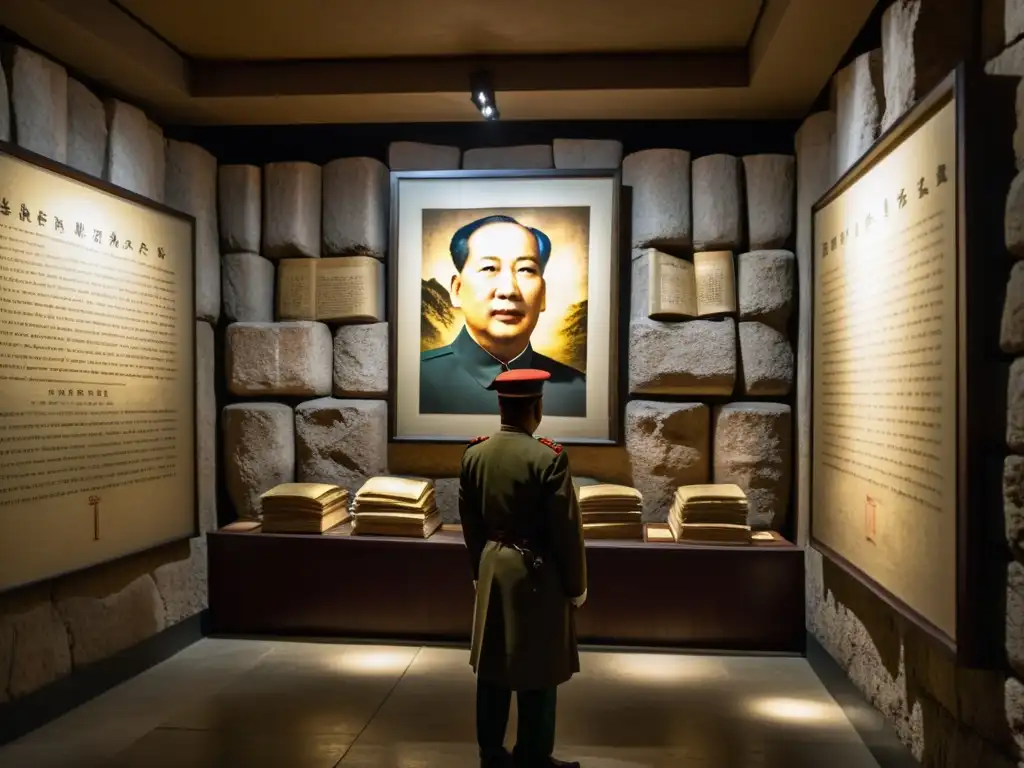 Santuario subterráneo Mao Pekín: retrato de Mao, documentos históricos, guardias en la penumbra, atmósfera enigmática