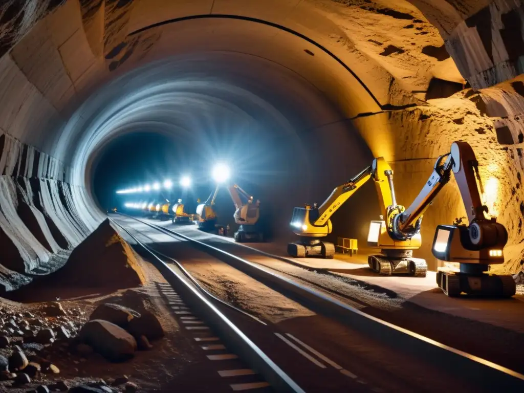 Robótica colaborativa en construcción de túneles: Equipo de brazos robóticos trabajando en un entorno subterráneo iluminado por luces integradas