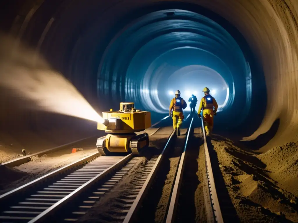 Robótica en la construcción de túneles: Robótica avanzada y trabajo en equipo en un túnel subterráneo oscuro y polvoriento