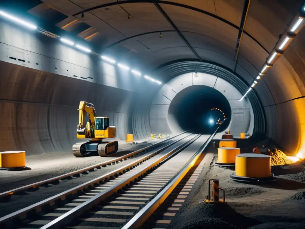 Robótica en la construcción de túneles: Maquinaria futurista y ambiente desafiante en un túnel subterráneo iluminado por luces suaves de la maquinaria