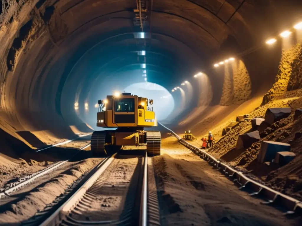 Robots excavadores de túneles subterráneos con potentes luces LED, explorando el mundo subterráneo entre el polvo y la roca