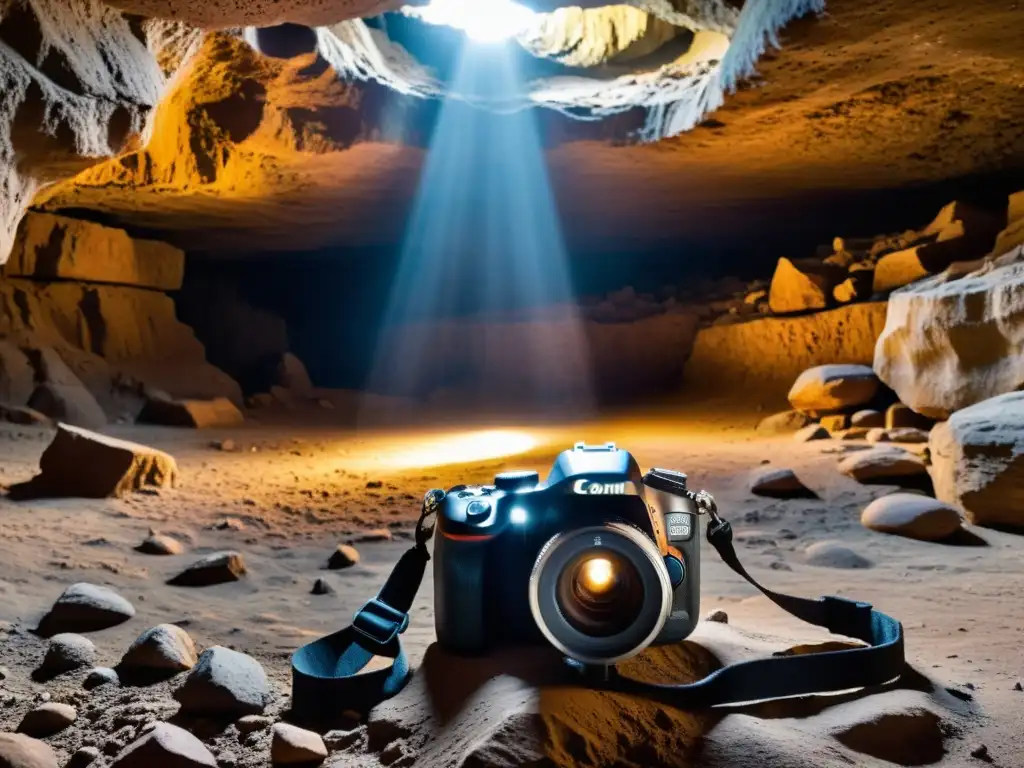 Un robusto equipo fotográfico resistente para exploración subterránea capturando la belleza de una cueva iluminada por una linterna de cabeza