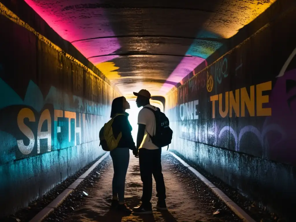 Romántico encuentro en un túnel histórico con graffiti colorido y símbolos misteriosos iluminados por la luz de la luna