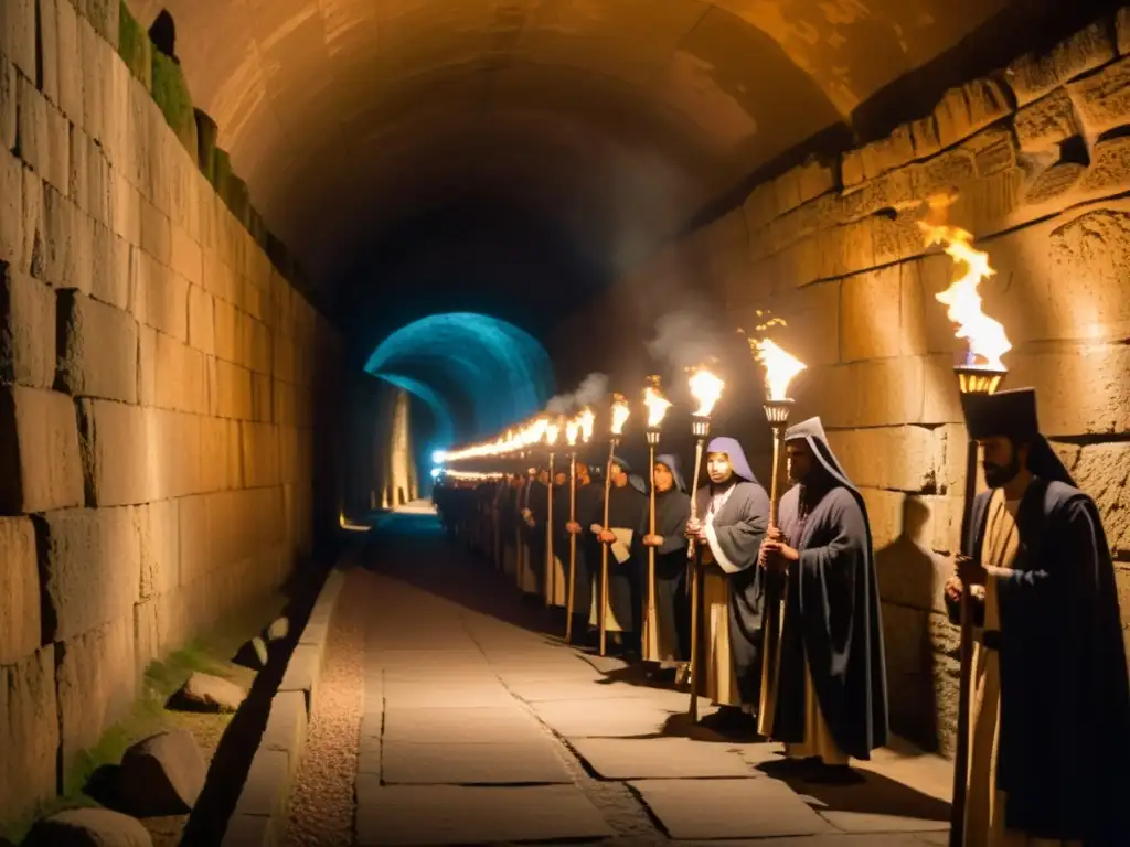 Procesión de rostros iluminados por antorchas en túneles de celebraciones antiguas