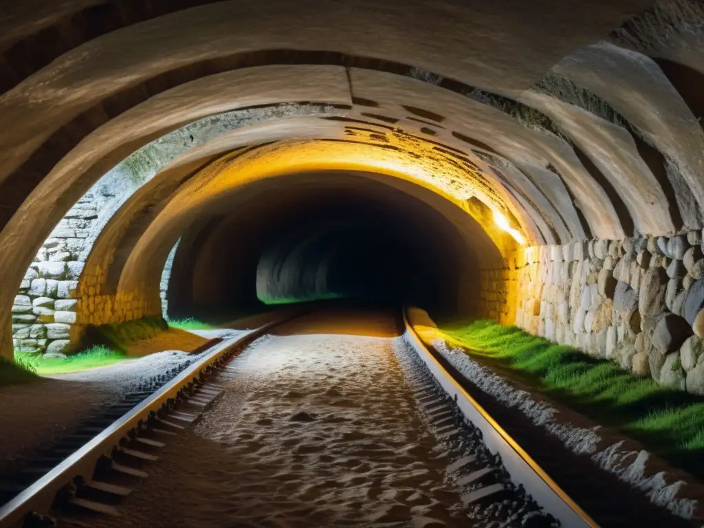 Ruta subterránea Marco Polo leyendas: túnel antiguo iluminado por antorchas, con textura de piedra áspera y atmosfera enigmática