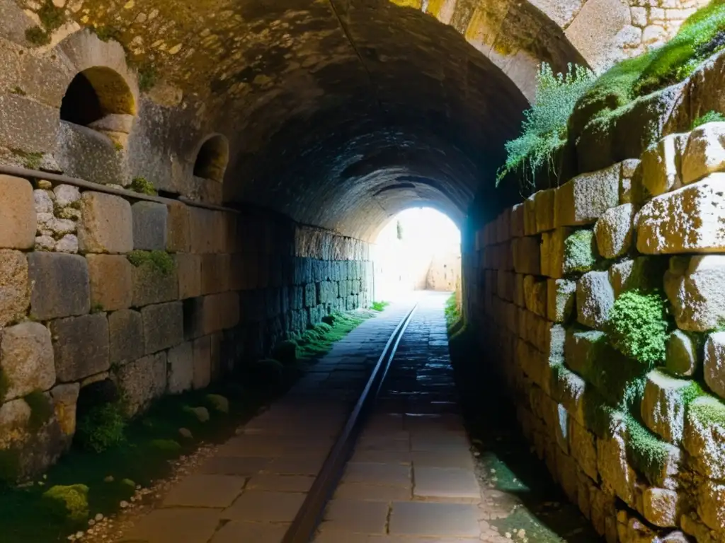 Rutas de peregrinación subterráneas en Jerusalén: Antiguo túnel iluminado con tenues luces, sombras misteriosas y murales de peregrinos