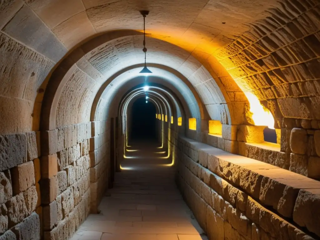 Rutas de peregrinación subterráneas en Jerusalén: Antiguo túnel iluminado por antorchas con siluetas de peregrinos y arcos tallados