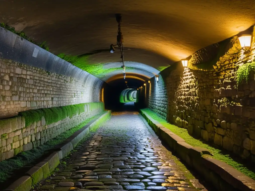 Rutas de ciudades con historia subterránea: túnel subterráneo iluminado por luz cálida en París, evocando misterio y antigüedad