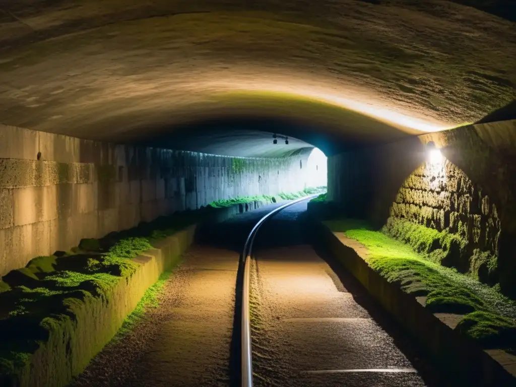 Rutas de ciudades con historia subterránea: túnel subterráneo de piedra con musgo, misterioso y atrayente