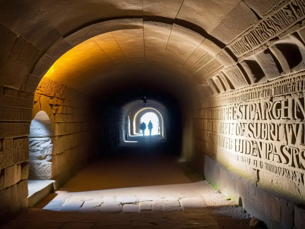 Rutas de ciudades con historia subterránea: túnel subterráneo iluminado por tenue luz, con antiguas inscripciones en las paredes de piedra