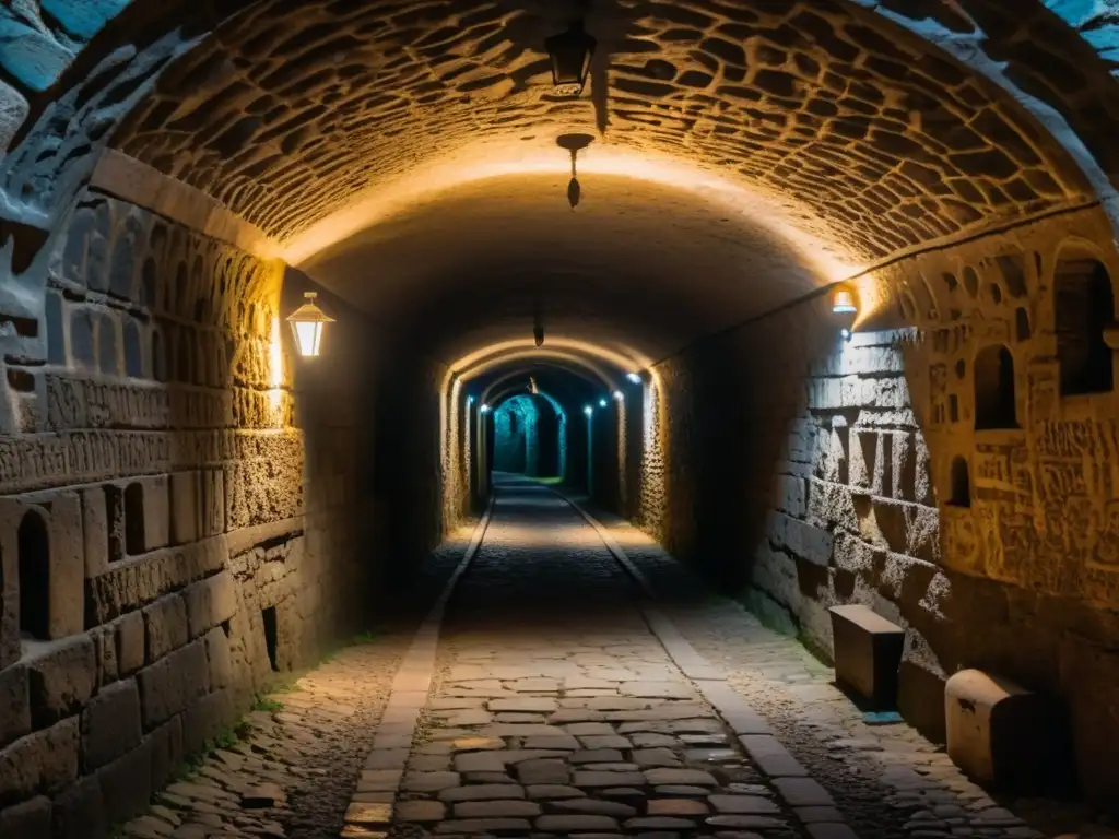 Rutas de ciudades con historia subterránea: Túnel subterráneo iluminado por linternas, con antiguos graffiti en las paredes y pasadizos ocultos