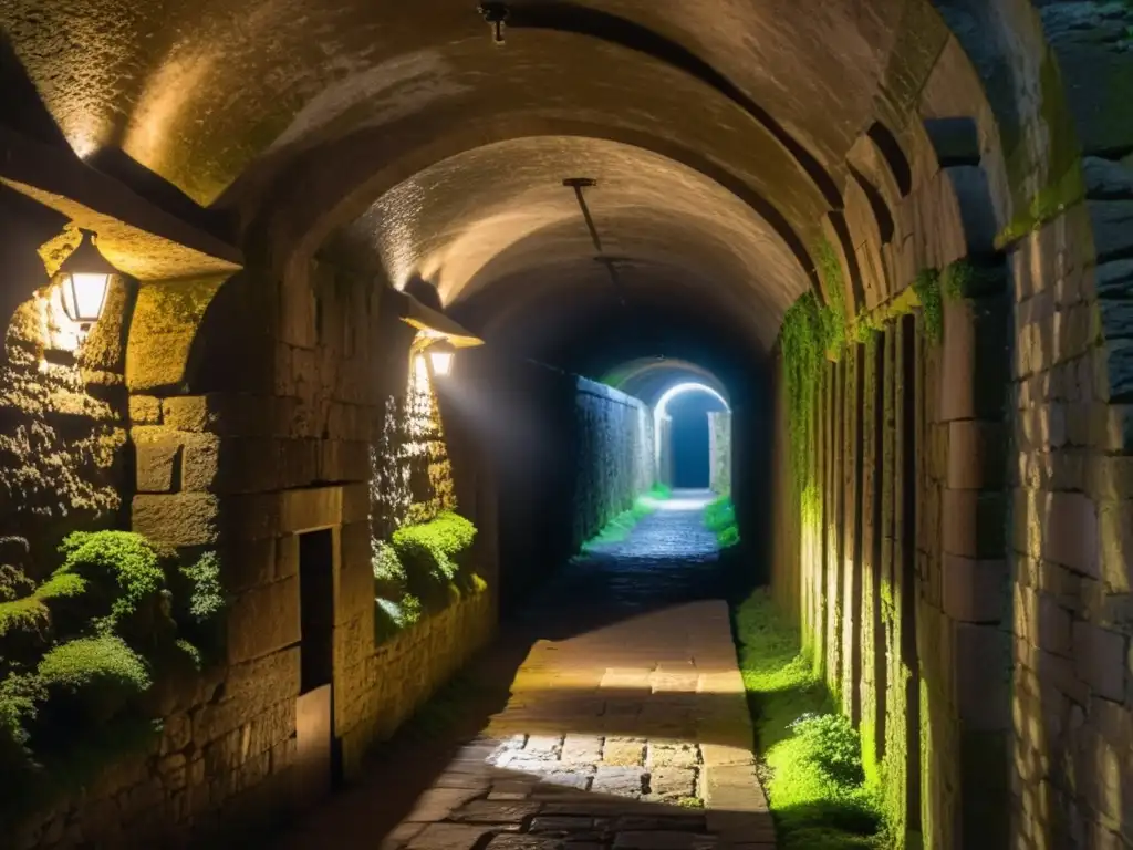 Explora rutas históricas subterráneas con AR en un túnel iluminado por tenues haces de luz y proyecciones de figuras históricas