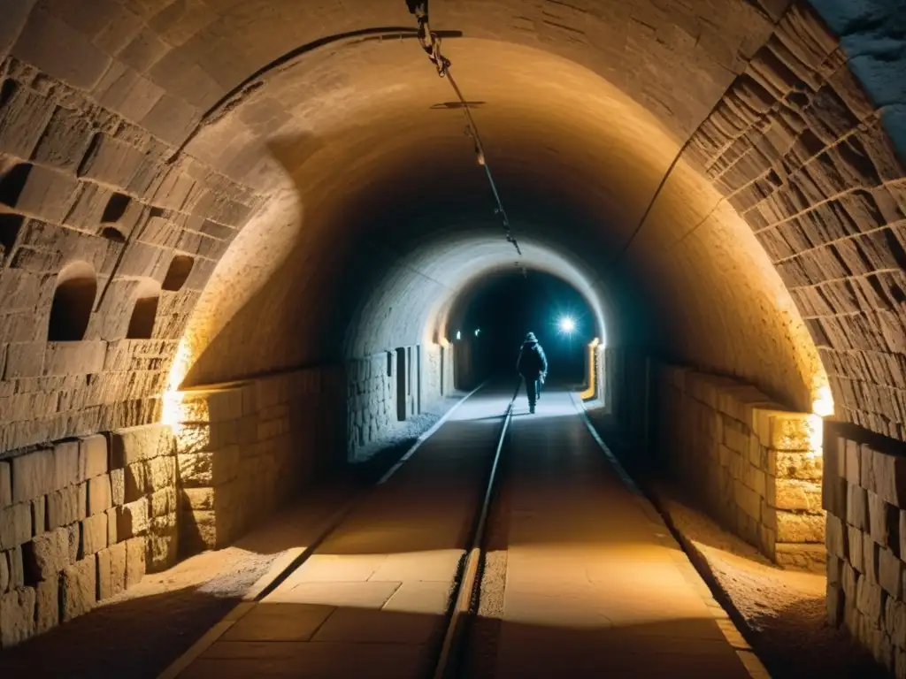 Explora rutas históricas subterráneas con AR en un túnel antiguo iluminado por luz suave, con artefactos y enigmas