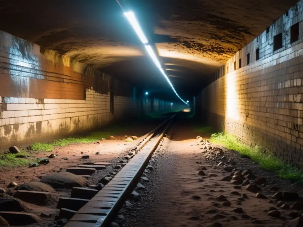 Rutas subterráneas hacia la libertad: Túnel subterráneo iluminado por tenues rayos de sol, huellas y objetos abandonados