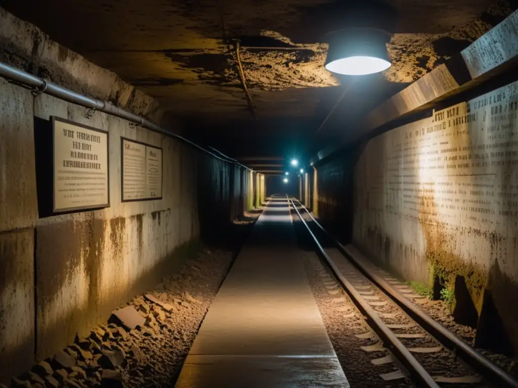 Explora rutas túneles históricos de la Segunda Guerra en un pasaje subterráneo iluminado por una linterna, repleto de vestigios de guerra