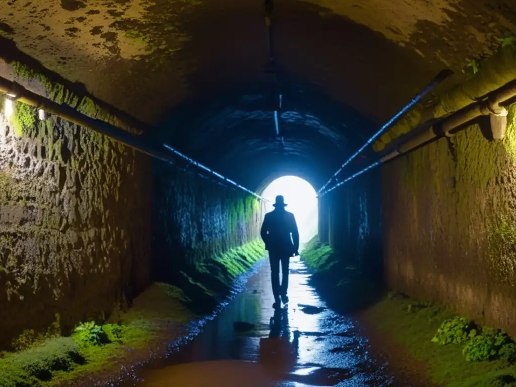 Figura en silueta en la entrada de un túnel subterráneo, con paredes húmedas y musgosas