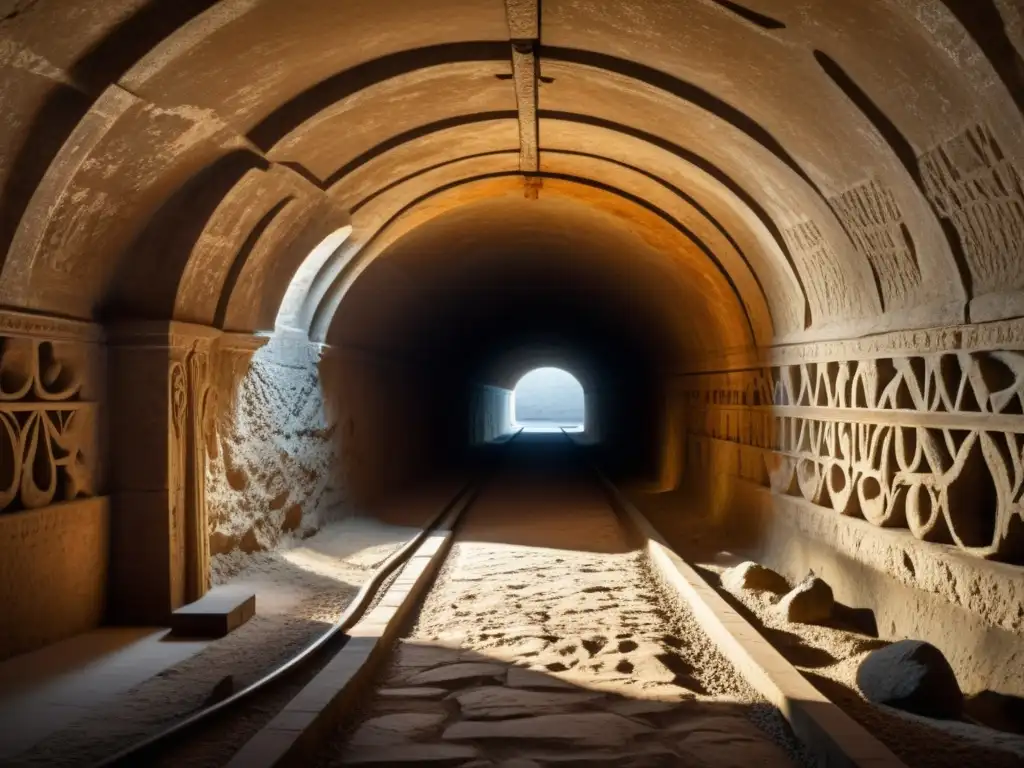 Simulaciones 3D estructuras subterráneas milenarias: Intrigante túnel histórico con detalladas esculturas, iluminación tenue y sombras dramáticas