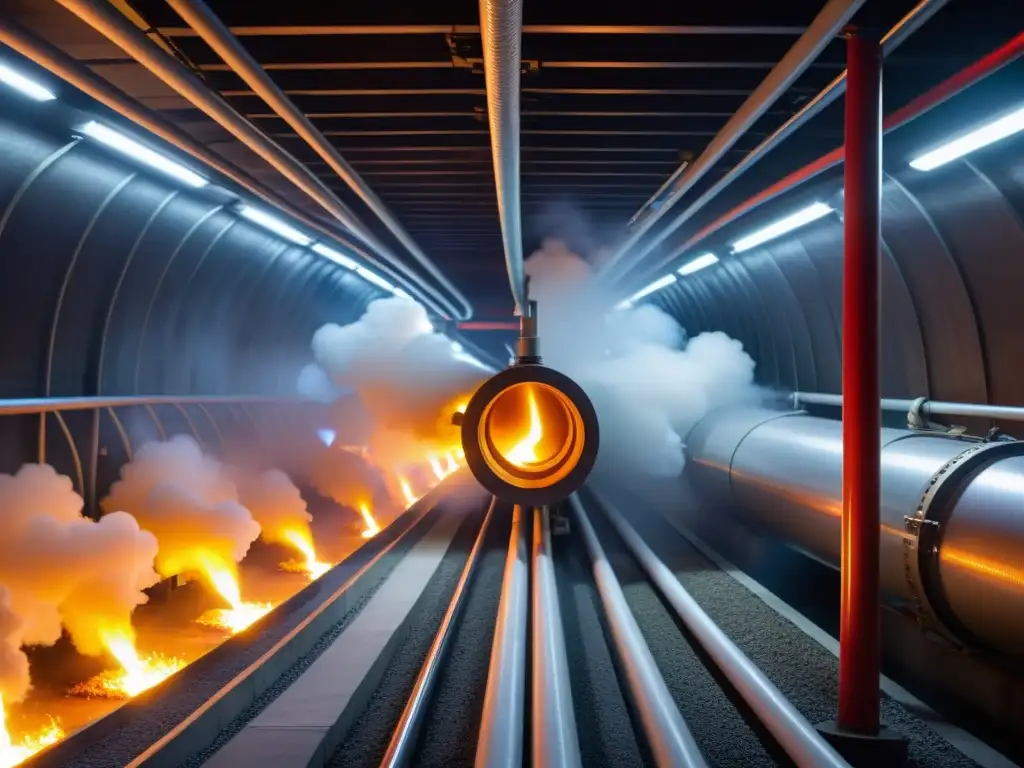 Un sistema avanzado de prevención de incendios en un túnel, mostrando la red de tuberías, válvulas y sensores en acción, garantizando seguridad