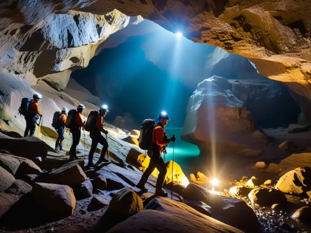 Sistemas de agua para exploración subterránea: Equipo explorador con linternas en cueva oscura, resaltando formaciones rocosas y humedad reluciente