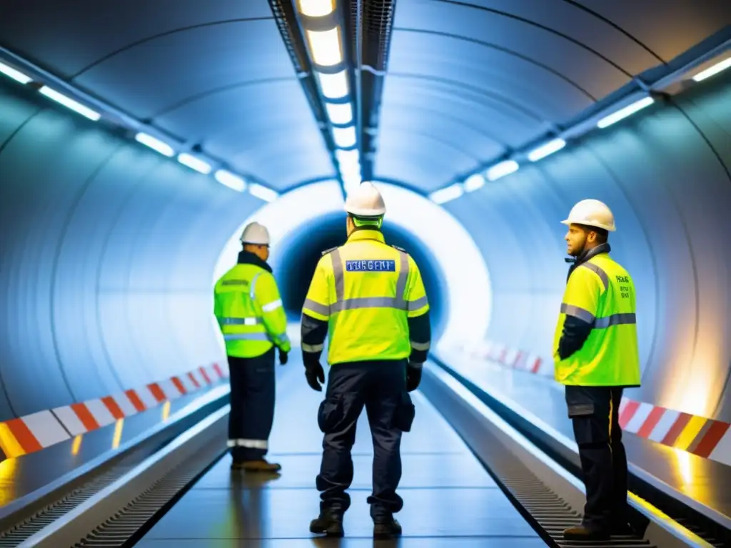 Sistemas de emergencia en túneles: Imagen de un túnel moderno con equipos de evacuación y mantenimiento, resaltando la seguridad y eficiencia