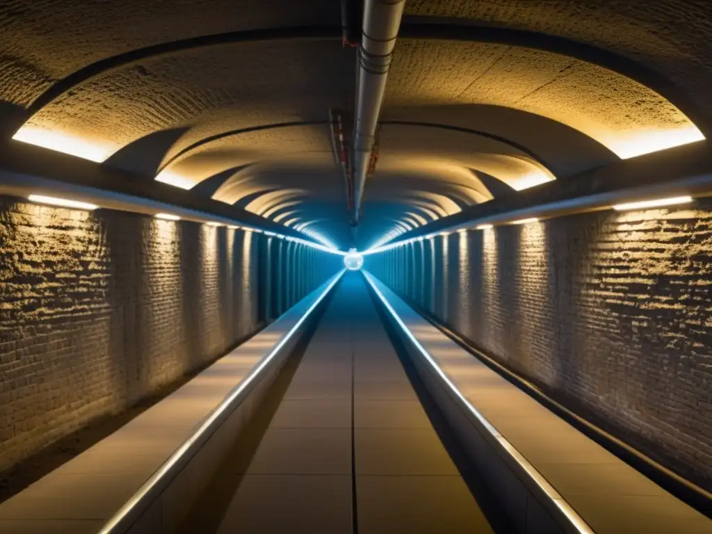 Sistemas de filtración de aire subterráneo en histórico túnel subterráneo con arquitectura detallada y tecnología moderna