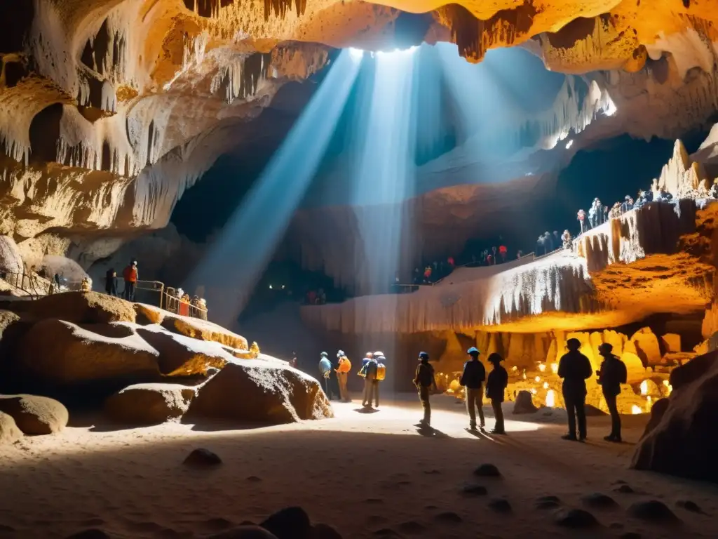 Explorando sitios históricos subterráneos, conservación y restauración por expertos en una caverna iluminada por cálida luz dorada