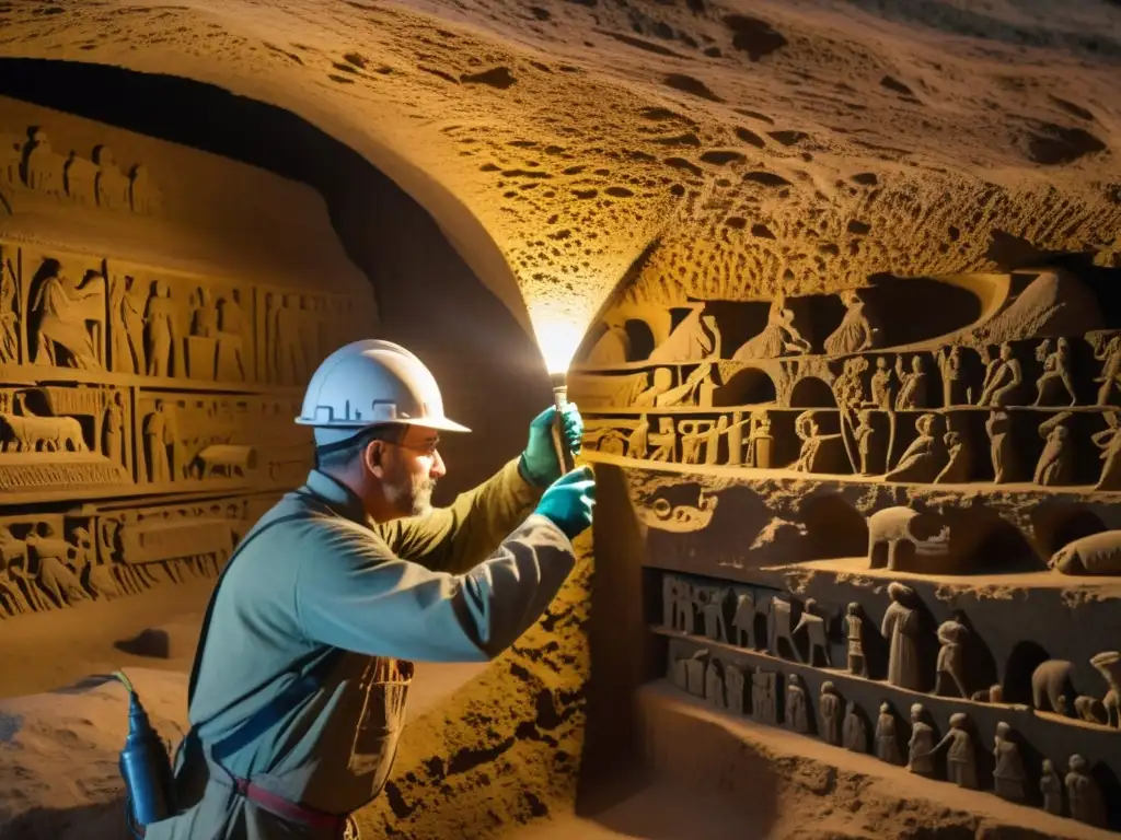 Conservación y restauración de sitios históricos subterráneos, expertos cuidan delicadamente arte y artefactos antiguos en cámara iluminada