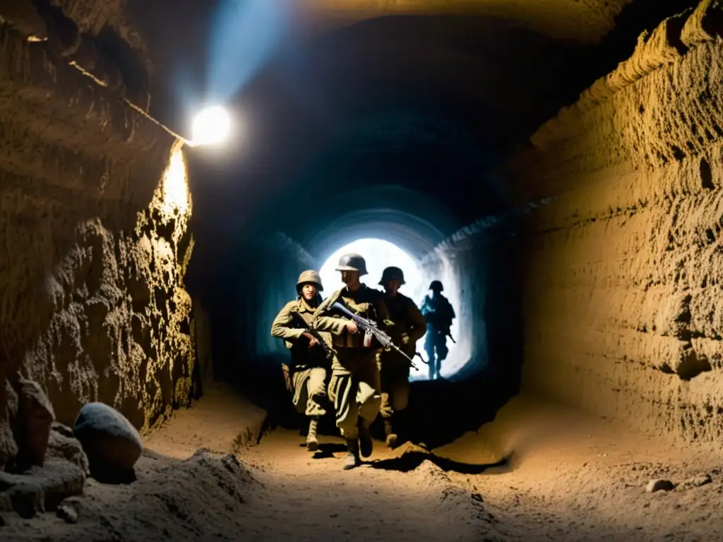 Soldados emergen de un oscuro túnel de combate de la Primera Guerra, cubiertos de tierra y rifles en mano, expresando la dureza del conflicto