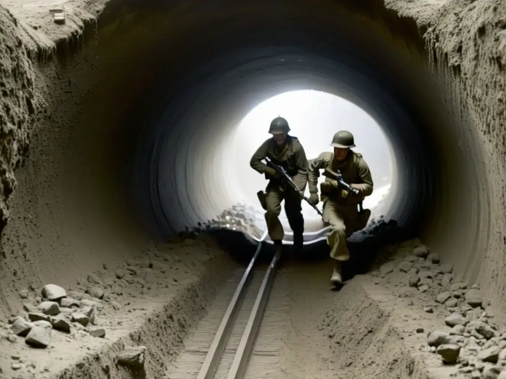 Soldados sudorosos y fatigados cavando un túnel secreto durante la Guerra Fría