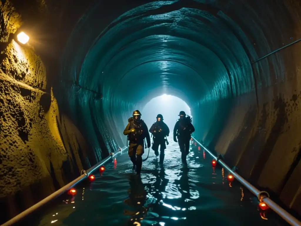 Soldados en trajes de buceo históricos exploran un túnel subacuático oscuro con antorchas, creando una atmósfera tensa