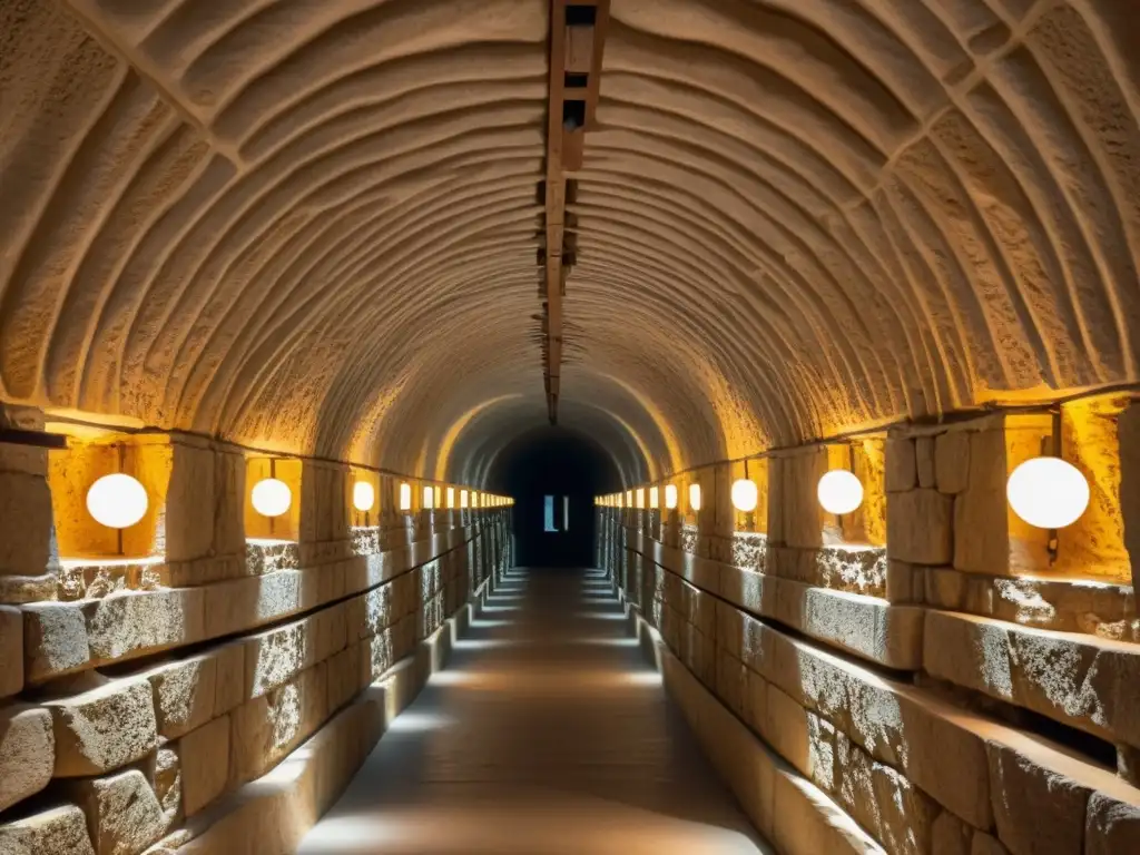 Explora la ingeniería subterránea en la Antigua Grecia, con intrincados túneles de piedra iluminados por luz cálida, revelando su misteriosa historia