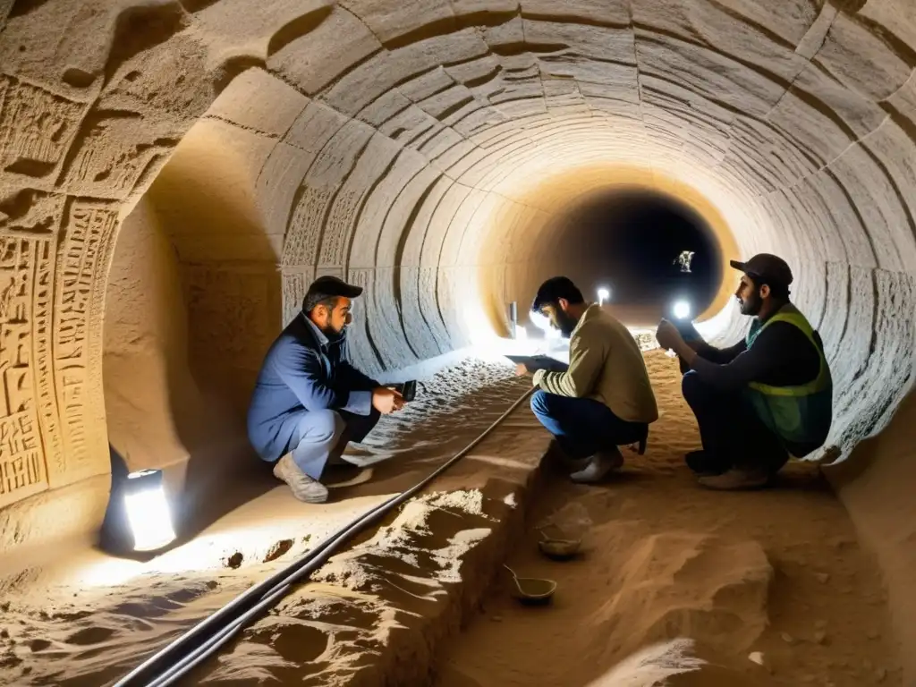 Exploración subterránea en Mesopotamia: Arqueólogos iluminan túnel estrecho con linternas, revelando inscripciones antiguas