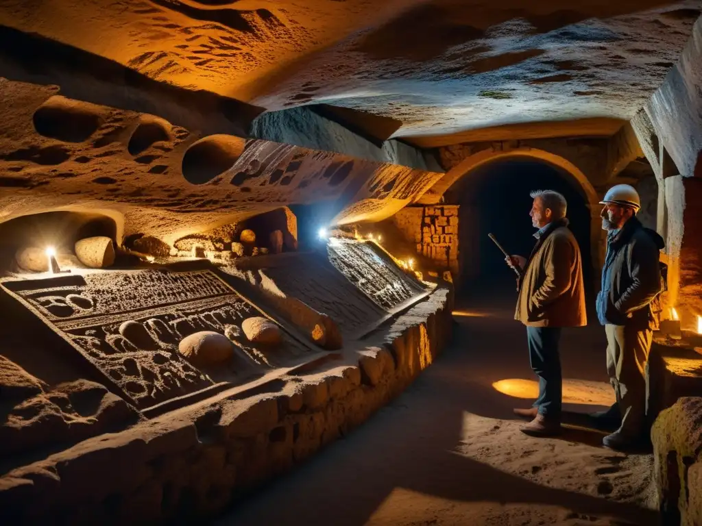 Exploración subterránea en las catacumbas de Roma, con intrincadas inscripciones y arqueólogos examinando las antiguas obras de arte en la tenue luz de antorchas