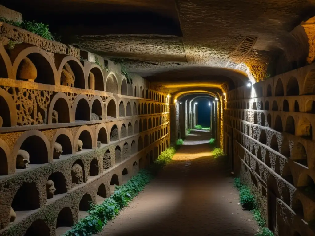 Exploración subterránea en las catacumbas de Roma: intrincadas carvings, sombras misteriosas y atmósfera de antiguo misterio