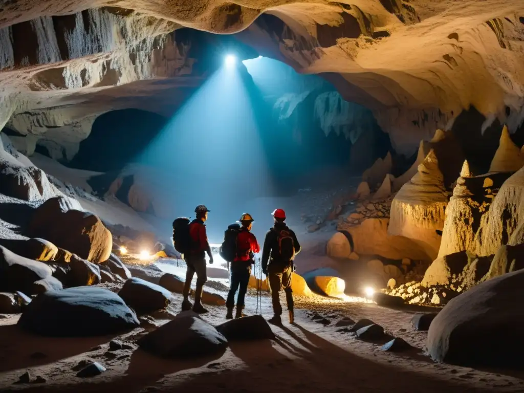 Exploración subterránea con headlamps en caverna, destacando la belleza de las formaciones rocosas