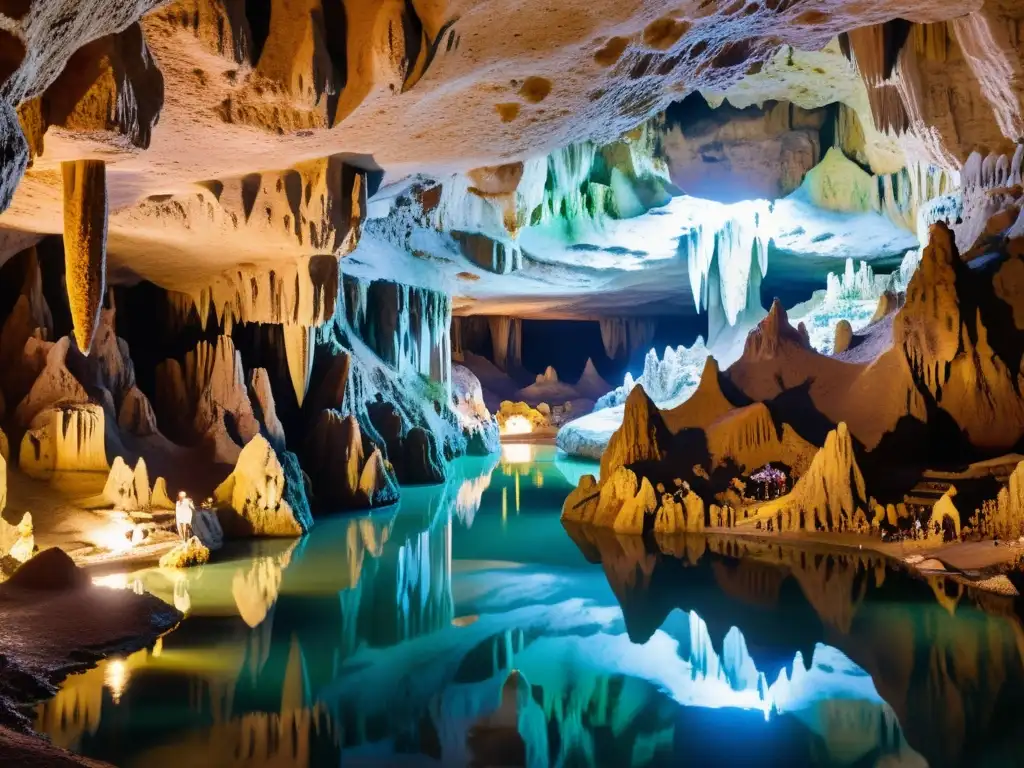 Exploración subterránea en una caverna misteriosa, iluminada por una luz etérea