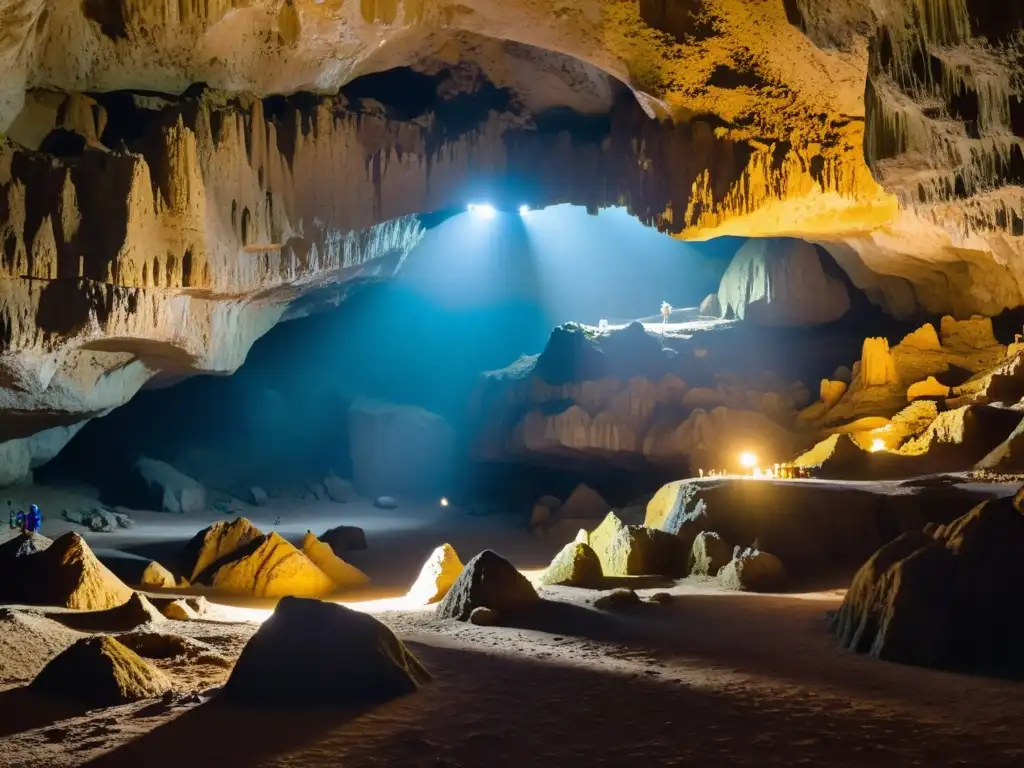 Exploración subterránea en las cuevas de Ojo Guareña, con formaciones de roca espectaculares y exploradores en la distancia