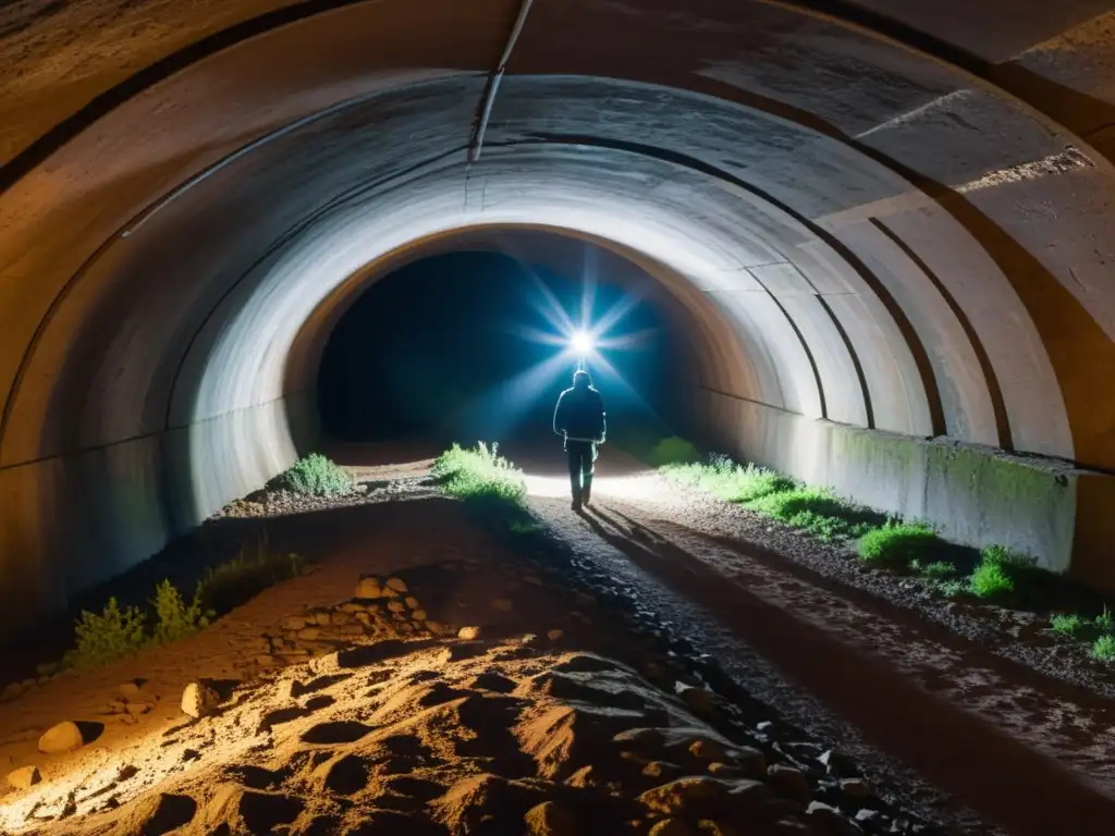 Exploración subterránea con drones para descubrir antiguos túneles y cámaras iluminadas en penumbra, creando una atmósfera misteriosa
